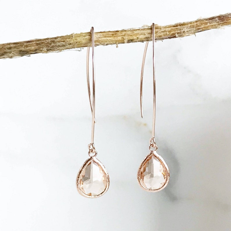 Rose Gold and Champagne Drop Earrings. Bridesmaid Gift. Rose Gold Drop Earrings. Wedding Jewelry. Simple Earrings. Dangle Earrings. Gift. image 3