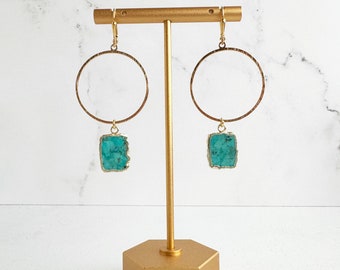 Hoop Dangle Earrings | Raw Turquoise Earrings | Brushed Gold Earrings | Statement Hoop Earrings | Jewelry Gift