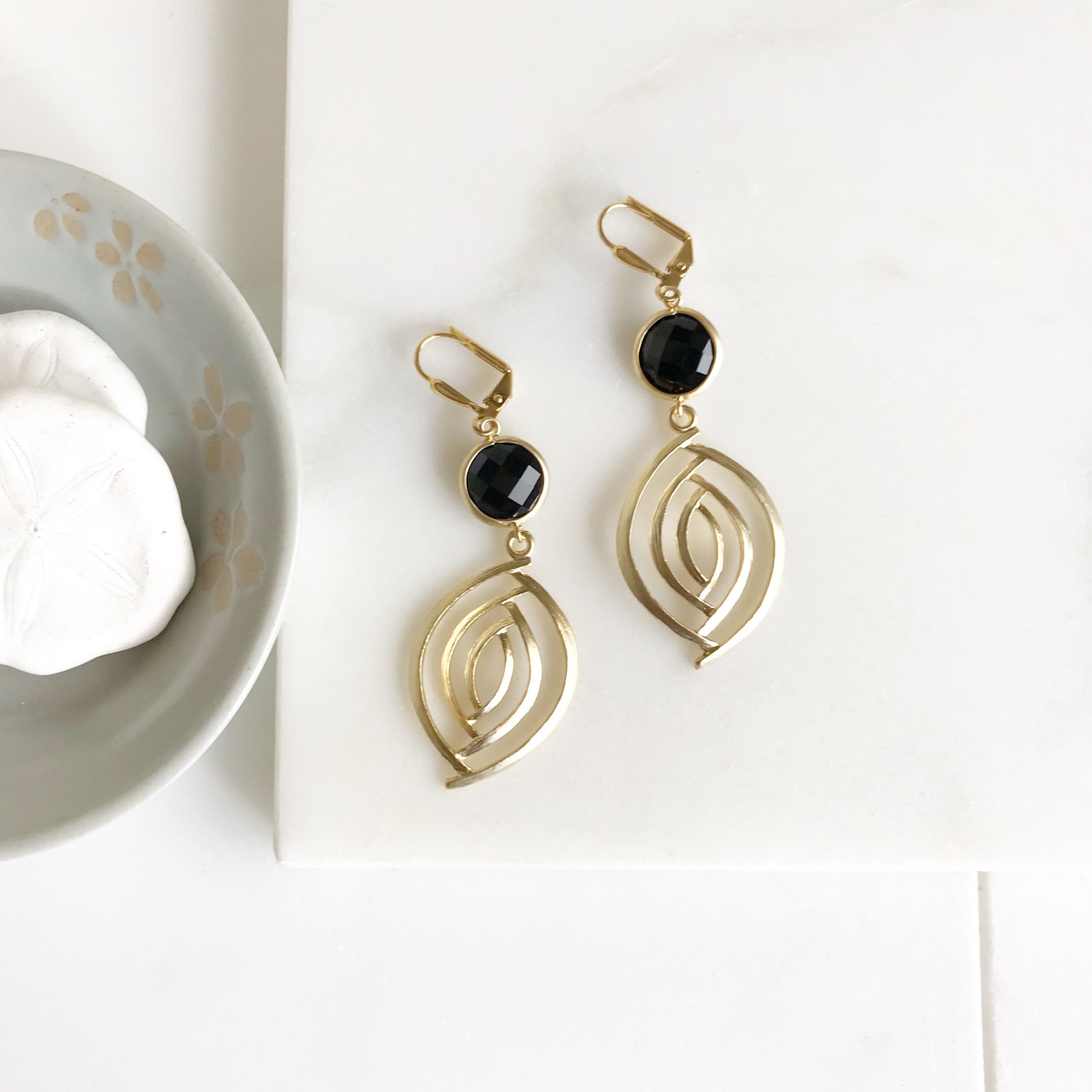 Black and Gold Dangle Earrings. Black Earrings. Jewelry. Drop