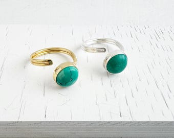 Anillo envolvente de turquesa natural: joyería ajustable de piedras preciosas en oro y plata