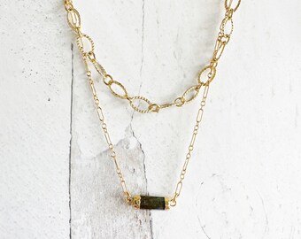 Labradorite Double Strand Necklace in Gold. Labradorite Stone and Gold Layering Necklace. Gold Gemstone Necklace Set