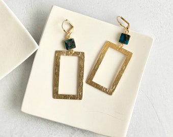 Gold Statement Earrings | Rectangle Earrings | Teal Mojave Stones | Gemstone Statement Jewelry | Brushed Gold Pendant | Jewelry Gift