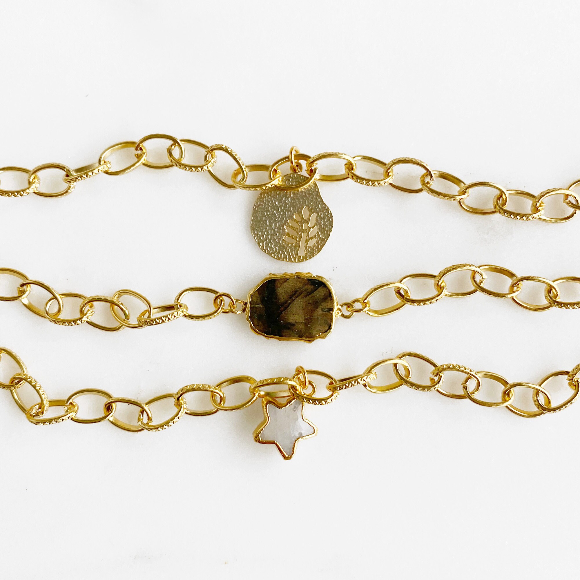 Set of Three Gold Chain Bracelets. Plant Leaf Charm Moonstone Etsy