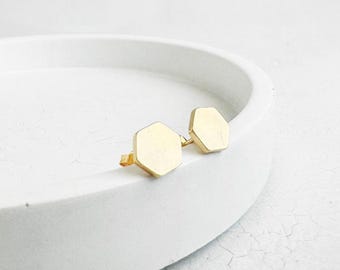 18k Gold Plated Hexagon Stud Earrings: Minimalist Geometric Posts