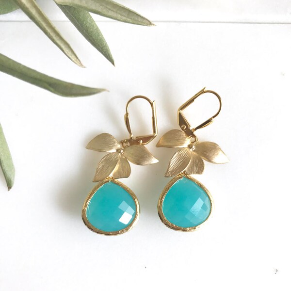 Gold Orchid and Turquoise Teardrop Drop Earrings. Turquoise Dangle Earrings. Bridesmaid Earrings. Jewelry Gift for Her.  Christmas Gift.
