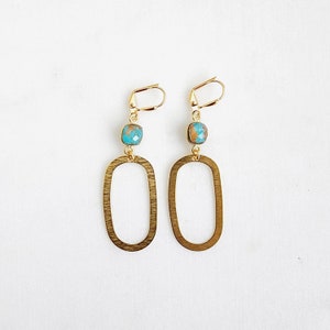 Calsilica Open Oval Hoop Earrings in Brushed Brass. Gold Statement Earrings. Gemstone Geometric Earrings. Hoop Dangle Earrings image 4