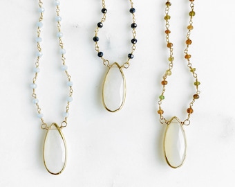 White Chalcedony Teardrop Necklace with Beaded Chain. Gold Chalcedony Pendant Necklace