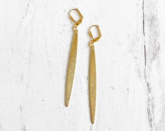 Long Stick Bar Earrings in Brushed Gold. Simple Long Brass Dangle Earrings