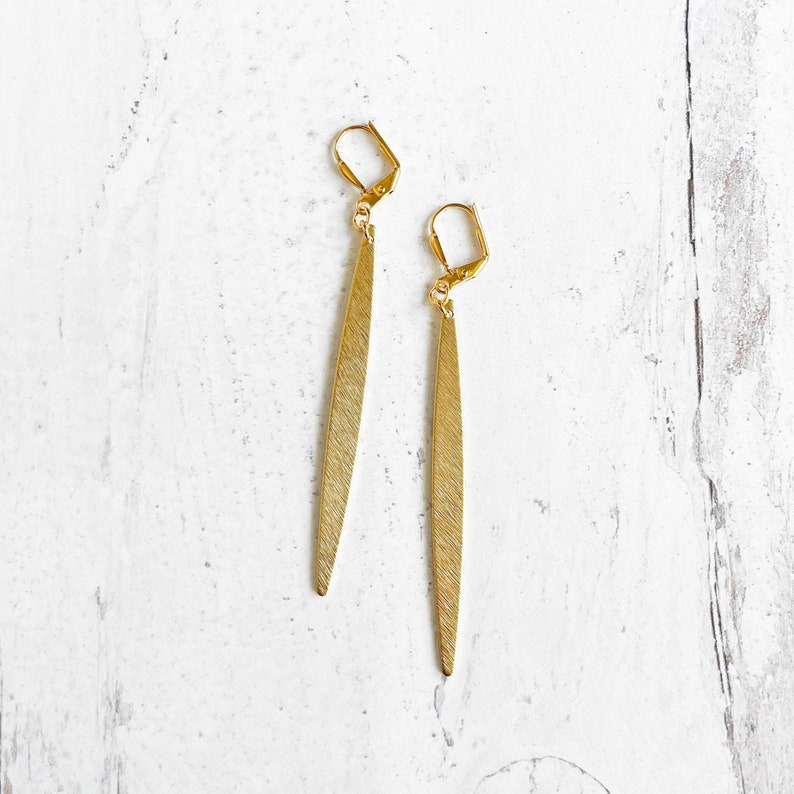 Long Stick Bar Earrings in Brushed Gold. Simple Long Brass Dangle Earrings image 1