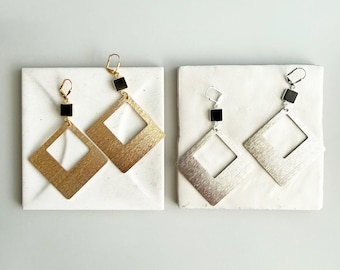 Black Onyx Diamond Pendant Statement Earrings