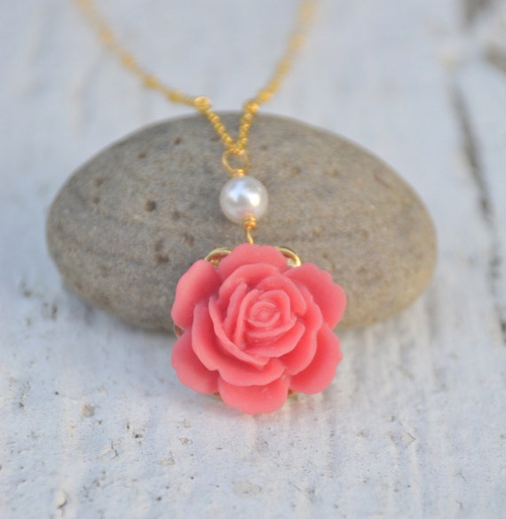 Items similar to Coral Rose White Pearl Bridal Necklace in Gold ...