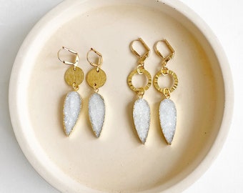 White Druzy Geometric Dangle Earrings in Gold. White Stone Drop Earrings. Brass Disk Ring Circle Earrings
