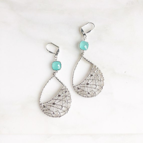 Chandelier Dangle Earrings Dark Silver ft Teal Beads