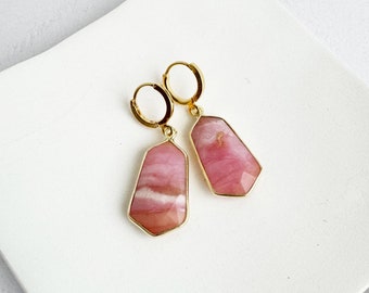 Pink Opal Earrings | Gold Drop Earrings | Gold Plated Huggies | Simple Gemstone Earrings | Jewelry Gift for Her