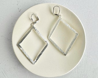 Diamond Pendant Earrings | Brushed Silver | Statement Dangle Earrings | Silver Jewelry | Geometric Earrings | Simple Earrings