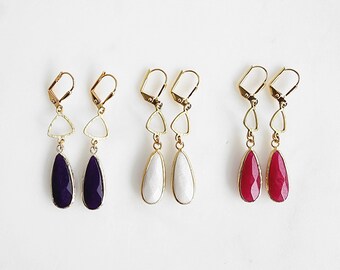 Stone Drop Earrings in Gold with Brushed Brass Triangle in Fuchsia White and Purple. Gold Dangle Earrings. Teardrop Gemstone Drop Earrings