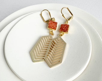 Chevron Drop Earrings | Orange Druzy Earrings | Brass Gold Earrings | Statement Jewelry | Geometric Dangle Earrings | Art Deco Earrings