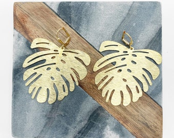 Monstera Dangle Statement Earrings in Gold. Brushed Brass Statement Earrings. Plant Leaf Gold Earrings