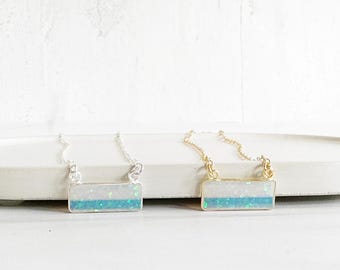 Ethiopian Opal Bar Necklace: Iridescent Pendant, 14k Gold Filled or Sterling Silver