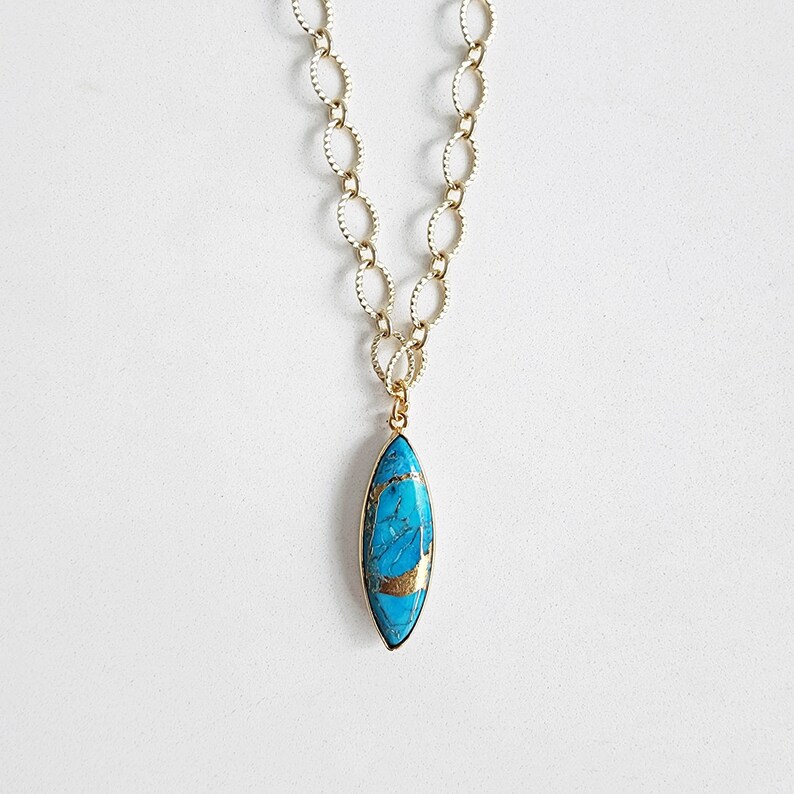 Turquoise Marquise Mojave Necklace with Chunky Chain in Gold. Chunky Chain Statement Necklace. Gold Turquoise Gemstone Necklace image 5