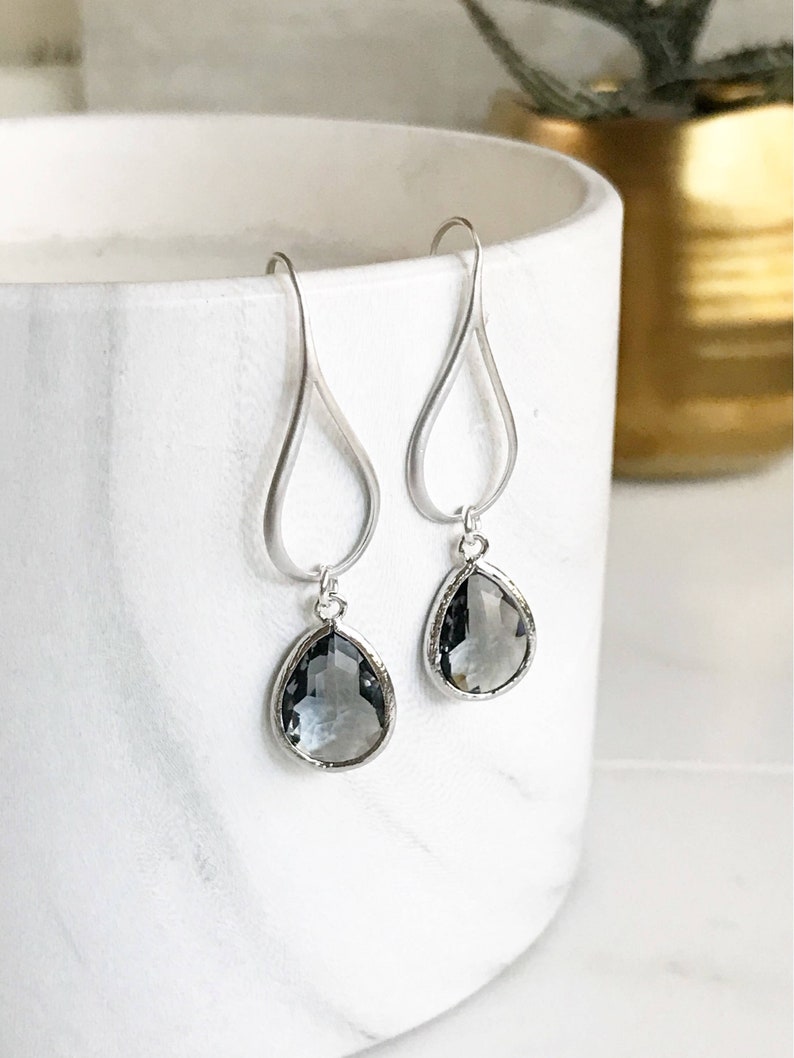 Silver Charcoal Drop Earrings. Charcoal Grey Teardrop Drop Earrings. Gift for Her. Dangle Earrings. Modern Drop Earrings. Christmas Gift. image 3