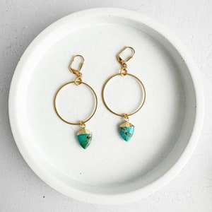 Hoop Dangle Earrings Turquoise Shield Stones Gold Hoop Earrings Statement Gemstone Earrings Jewelry Gift image 3