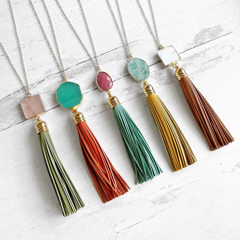 Tassel Necklace. Leather Tassel Necklace. Turquoise Orange Aqua Tassel Necklace. Long Tassel Necklace. Boho Tassel Jewelry. image 4