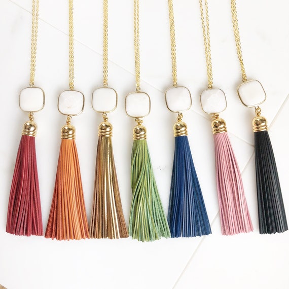 Tassel Necklace Long Tassel Necklace Boho Tassel Jewelry. White Stone and Aqua Mustard or Green Tassel Necklace Leather Tassel Necklace