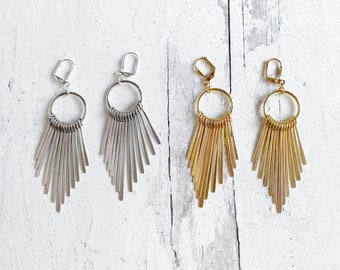 Fringe Statement Earrings in Silver and Gold. Geometric Dangle Earrings. Long Fringe Earrings