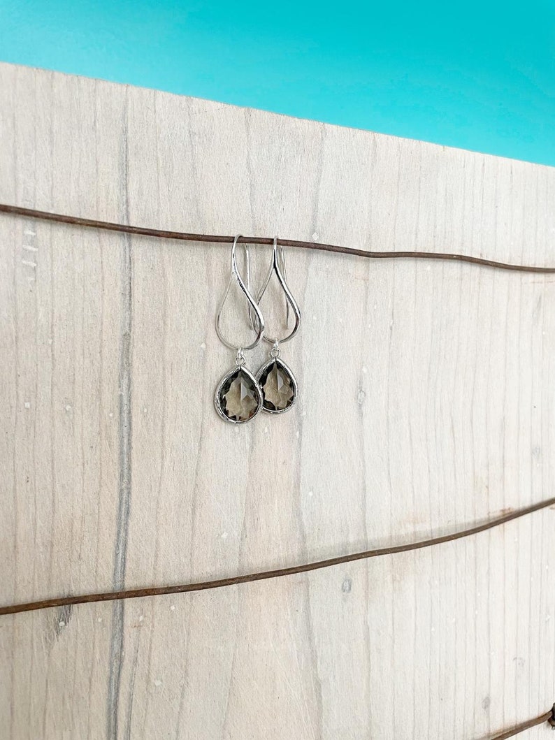 Silver Charcoal Drop Earrings. Charcoal Grey Teardrop Drop Earrings. Gift for Her. Dangle Earrings. Modern Drop Earrings. Christmas Gift. image 10