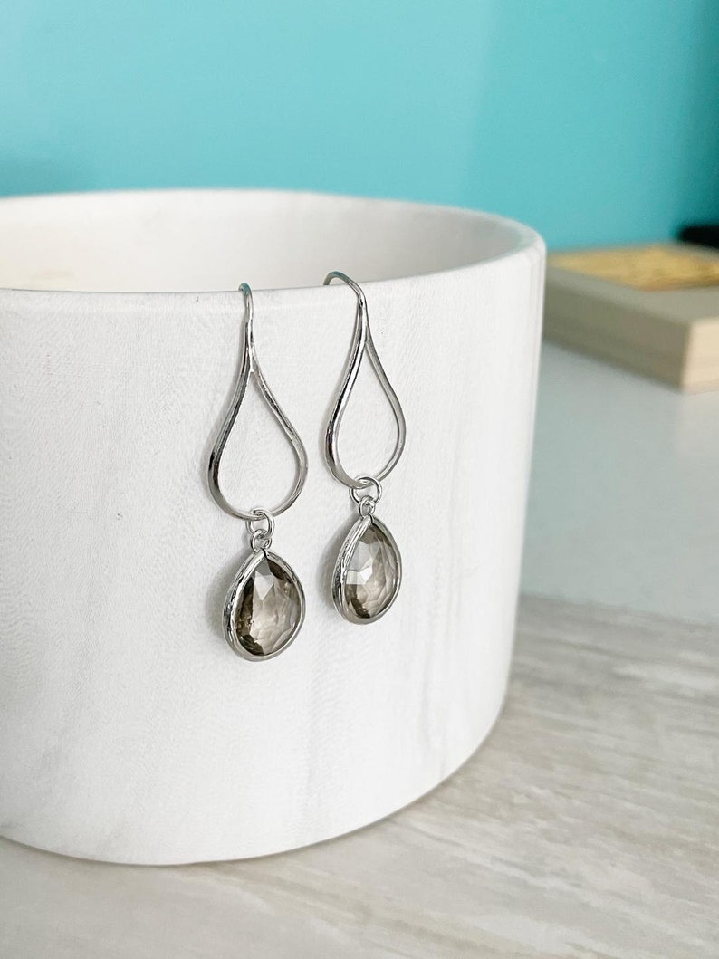 Silver Charcoal Drop Earrings. Charcoal Grey Teardrop Drop Earrings. Gift for Her. Dangle Earrings. Modern Drop Earrings. Christmas Gift. image 7