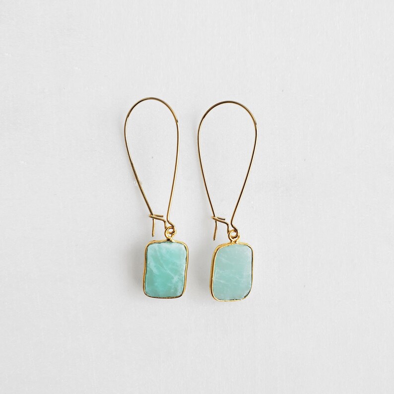 Freeform Amazonite Gemstone Slice Drop Earrings in Gold. Simple Dangle Earrings. Gemstone Drop Earrings image 3