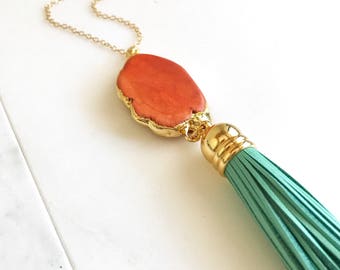 Tassel Necklace. Leather Tassel Necklace. Turquoise and Orange Tassel Necklace. Long Tassel Necklace. Boho Tassel Jewelry. Turquoise Jewelry