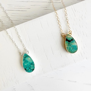 Tibetan Turquoise Teardrop Necklace: Dainty Crystal Pendant, Gold Filled or Sterling Silver