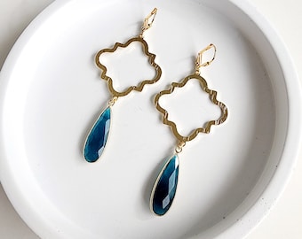 Apatite Teardrop Quatrefoil Statement Earrings in Brushed Brass Gold. Gemstone Drop Dangle Earrings. Gold Statement Earrings