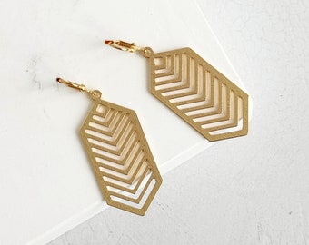 Chevron Dangle Earrings | Brass Gold Earrings | Statement Jewelry | Geometric Earrings | Art Deco Drop Earrings