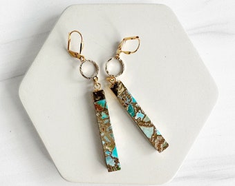 Turquoise Bar Dangle Earrings in Gold. Long Drop Statement Earrings. Gold Turquoise Gemstone Earrings