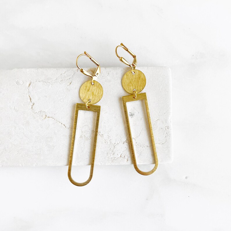 Simple Geometric Dangle Earrings in Gold. Horseshoe and Circle Earrings. Arch Brass Dangle Earrings image 2