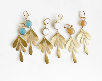 Gold Long Leaf Earrings with Gemstone Bezels. Unique Shape Brushed Brass Dangle Earrings