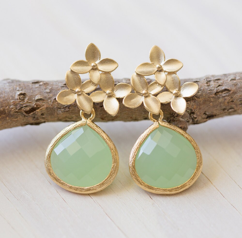 Mint Teardrop and Gold Cherry Blossom Flower Post Earrings. Etsy