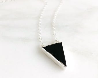 Black Triangle Stone Necklace: Sterling Silver Chain, Minimalist Jewelry