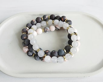 Gray Black and Pink Stretch Bracelets Set. Gold Beaded Bracelet Stack. Zebra Jasper Jade Stretchy Bracelet