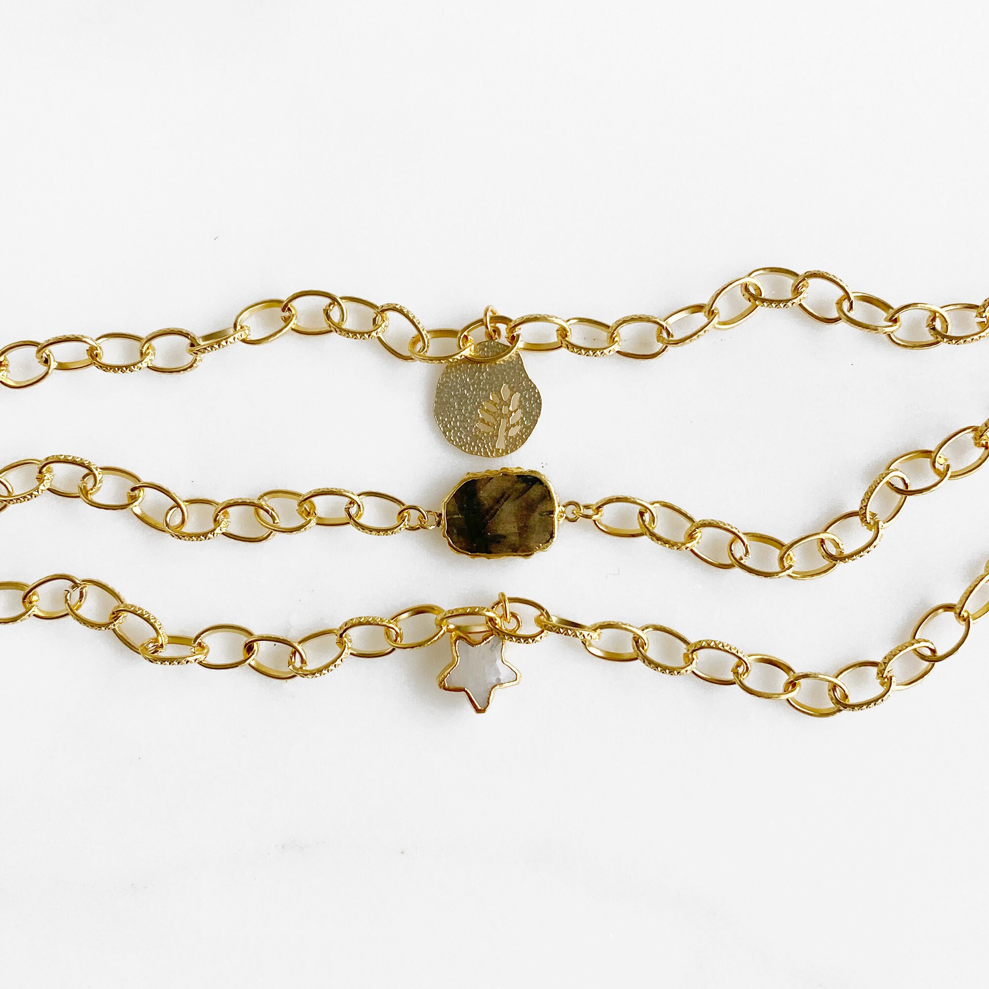 Set of Three Gold Chain Bracelets. Plant Leaf Charm Moonstone Etsy