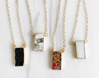 Rectangle Gemstone Slice Necklace in Gold. Simple Stone Pendant Layering Necklace