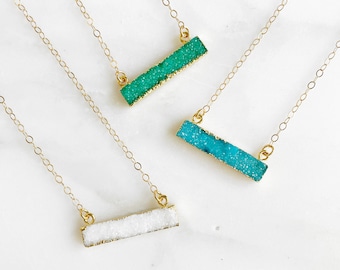Druzy Bar Necklaces in Gold. Dainty Bar Necklace. White Green Blue Druzy Necklace. Geometric Bar Necklace. Layering Necklace. Jewelry Gift