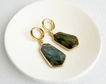 Labradorite Earrings | Gold Drop Earrings | Gold Plated Huggies | Simple Gemstone Earrings | Jewelry Gift for Her
