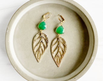 Chrysoprase and Leaf Statement Earrings in Brushed Brass Gold. Leaf Plant Dangle Earrings. Gold Statement Earrings