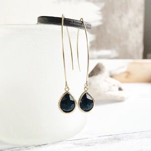 Black Stone Drop Earrings in Gold. Simple Gold Dangle Earrings. Party Jewelry. Stocking Stuffers. Drop Earrings image 1