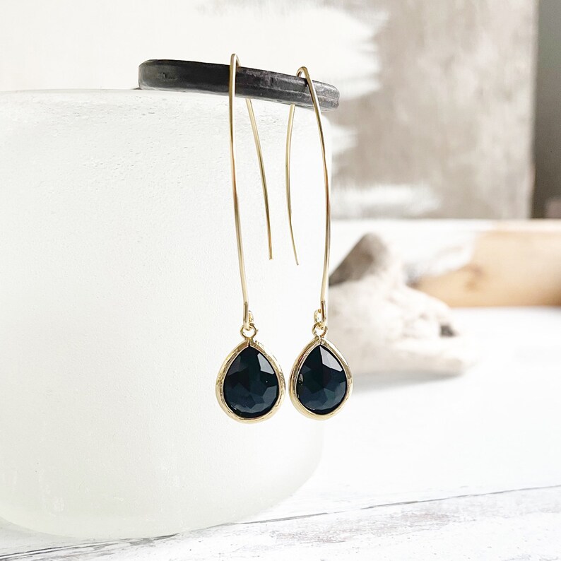 Black Stone Drop Earrings in Gold. Simple Gold Dangle Earrings. Party Jewelry. Stocking Stuffers. Drop Earrings image 1