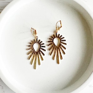 Sunburst Dangle Earrings in Brushed Brass Gold. Summer Statement Earrings. Gold Boho Dangle Earrings